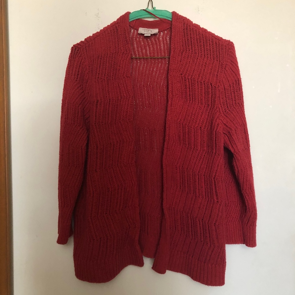 Red open cardigan LOFT zig-zag cotton blend 3/4 sleeve